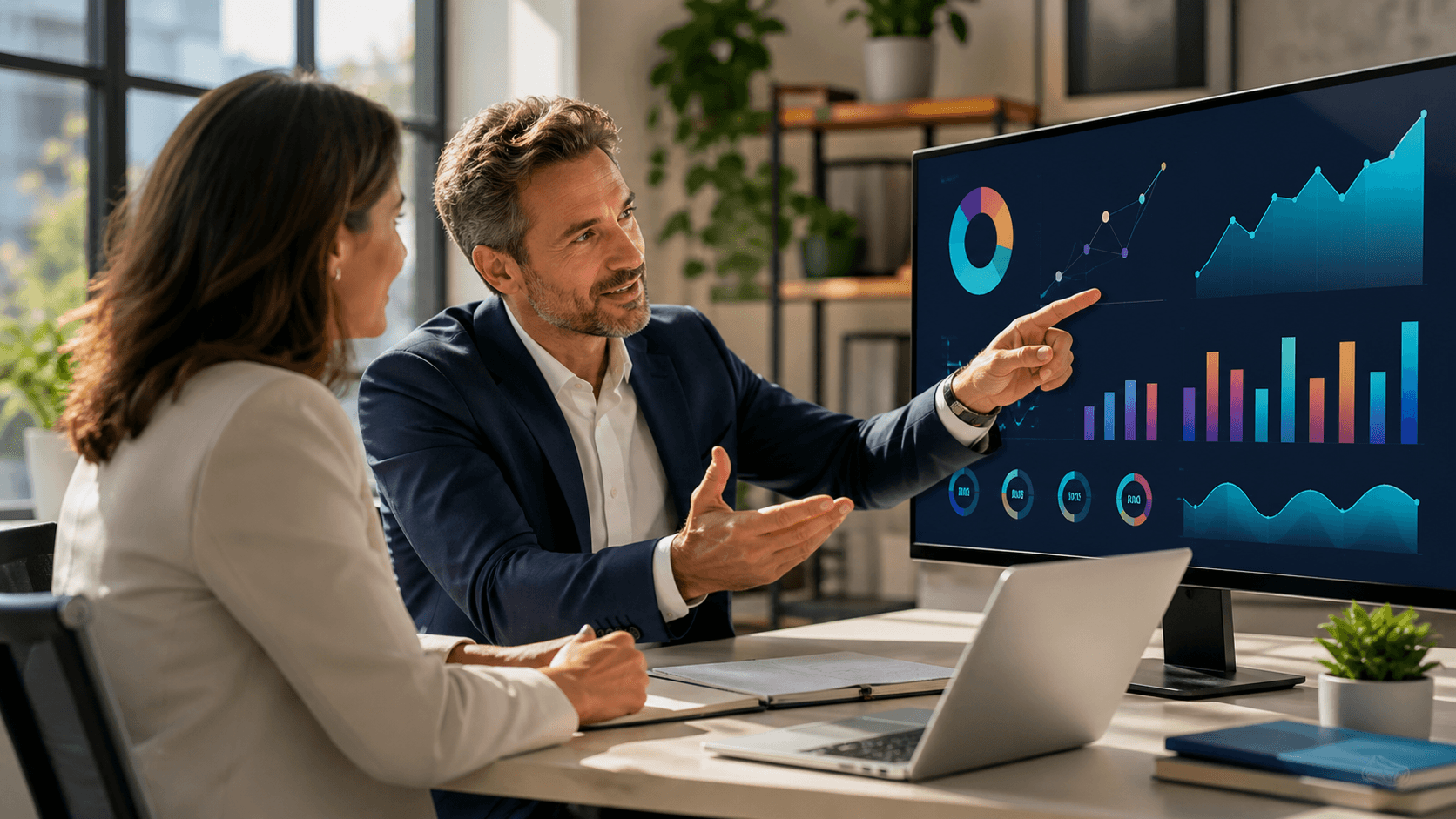 Glowing blue analytics dashboard with charts, KPI gauges, and a coach silhouette against a dark digital backdrop