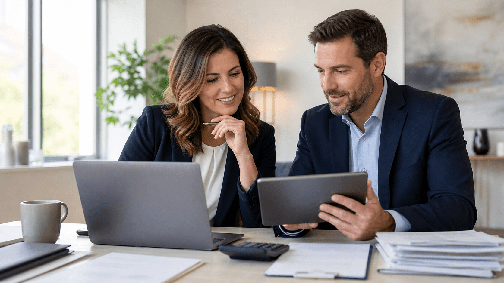 Coach at a laptop with glowing AI icons and charts, warm office lighting, blue accents, minimalist background