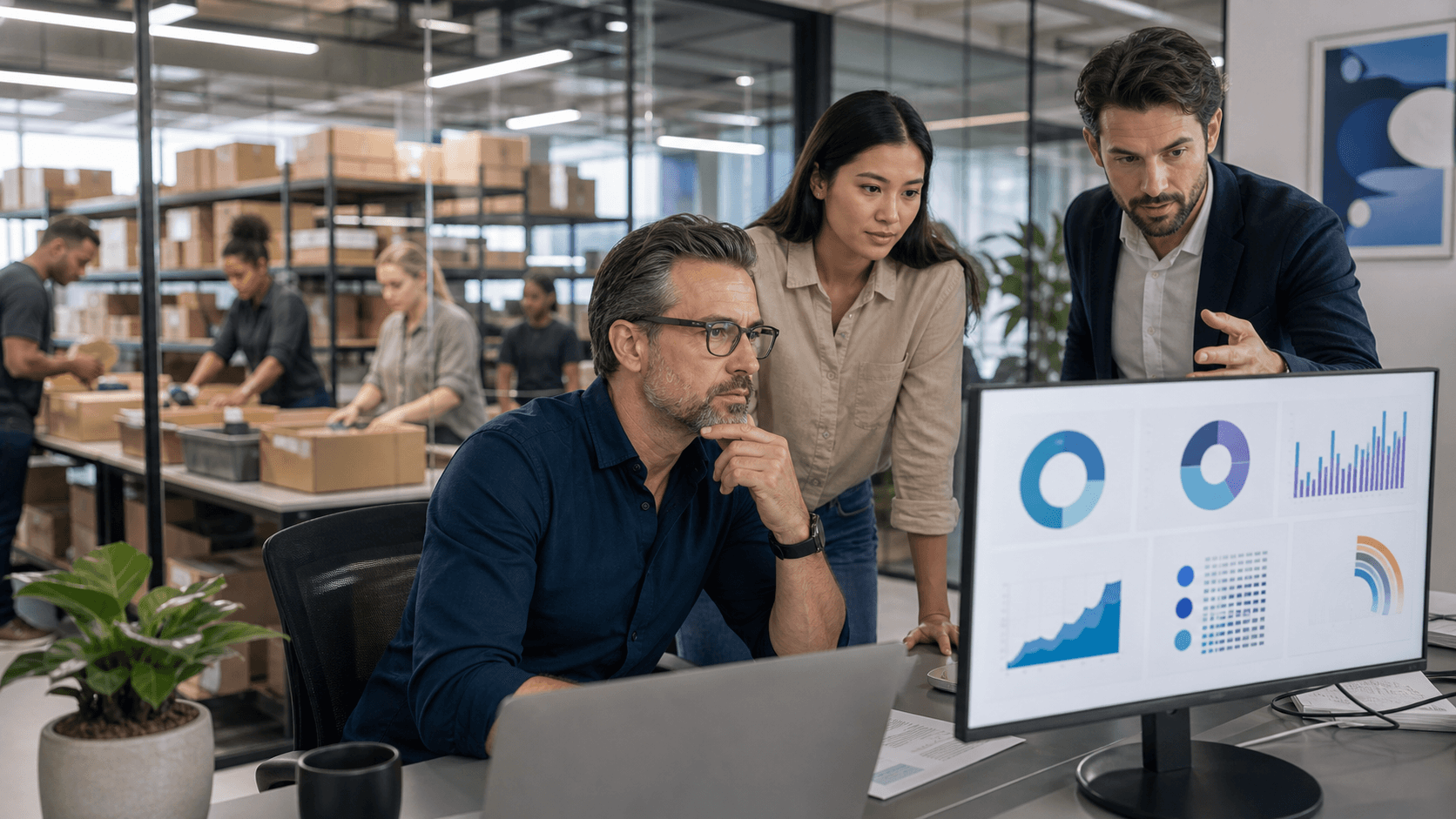 Middle-aged business owner studies AI search data on a glowing laptop beside rising cost charts.
