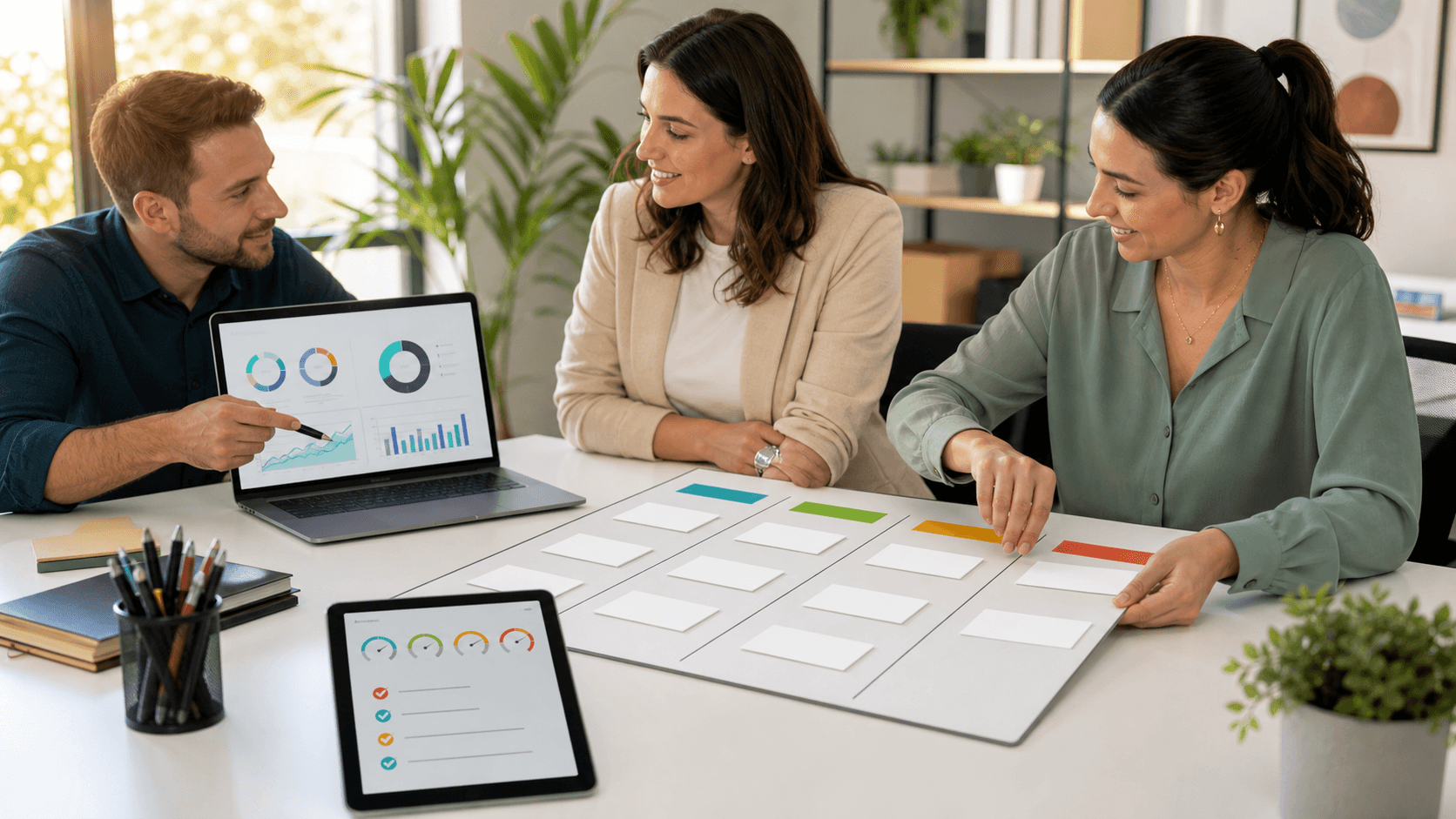 Clean 30-day calendar roadmap graphic with colorful blocks, icons, KPI charts, and arrows on a white background
