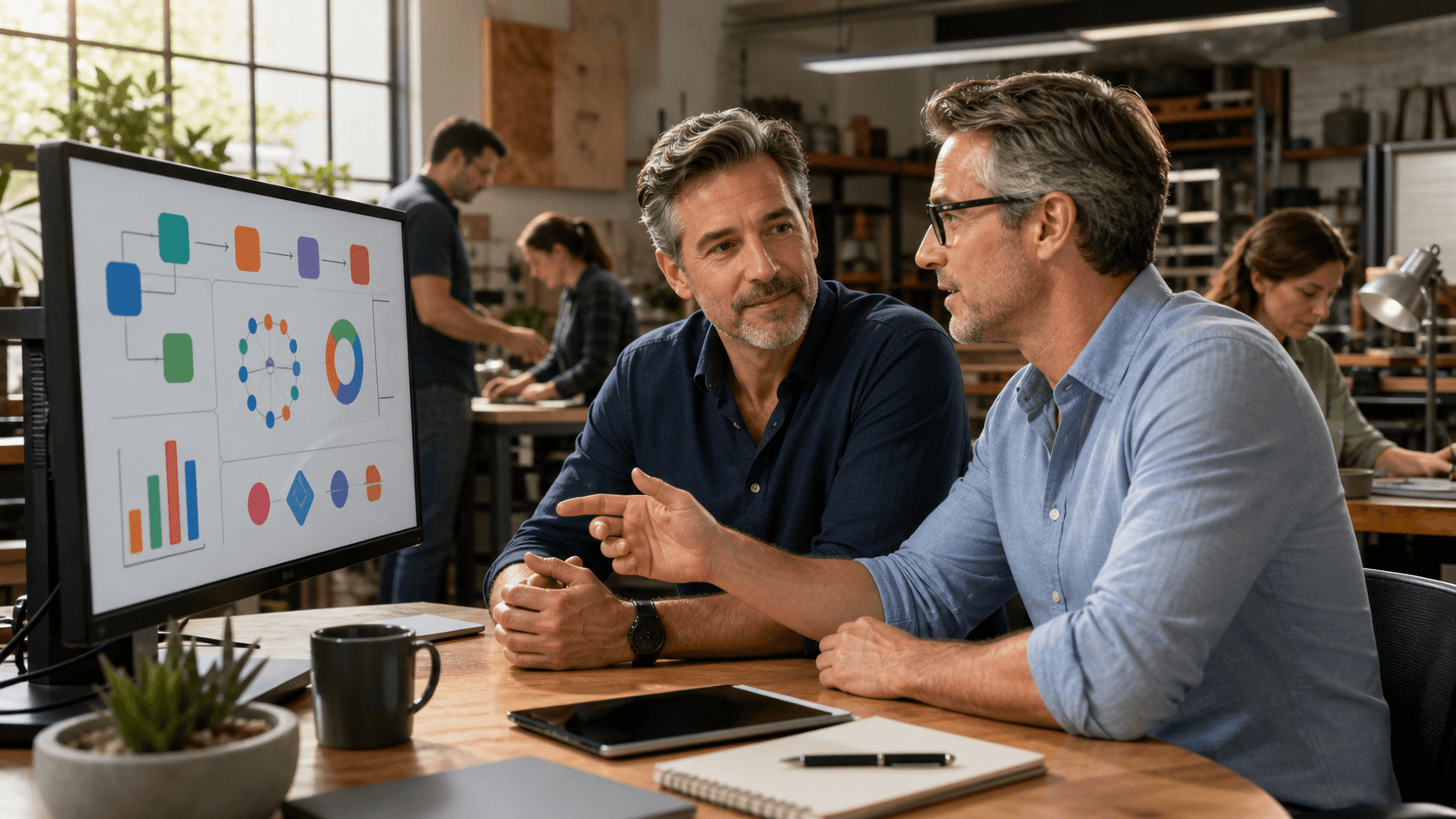 Middle-aged entrepreneur reviews glowing AI charts on a laptop in a sleek blue-lit office.