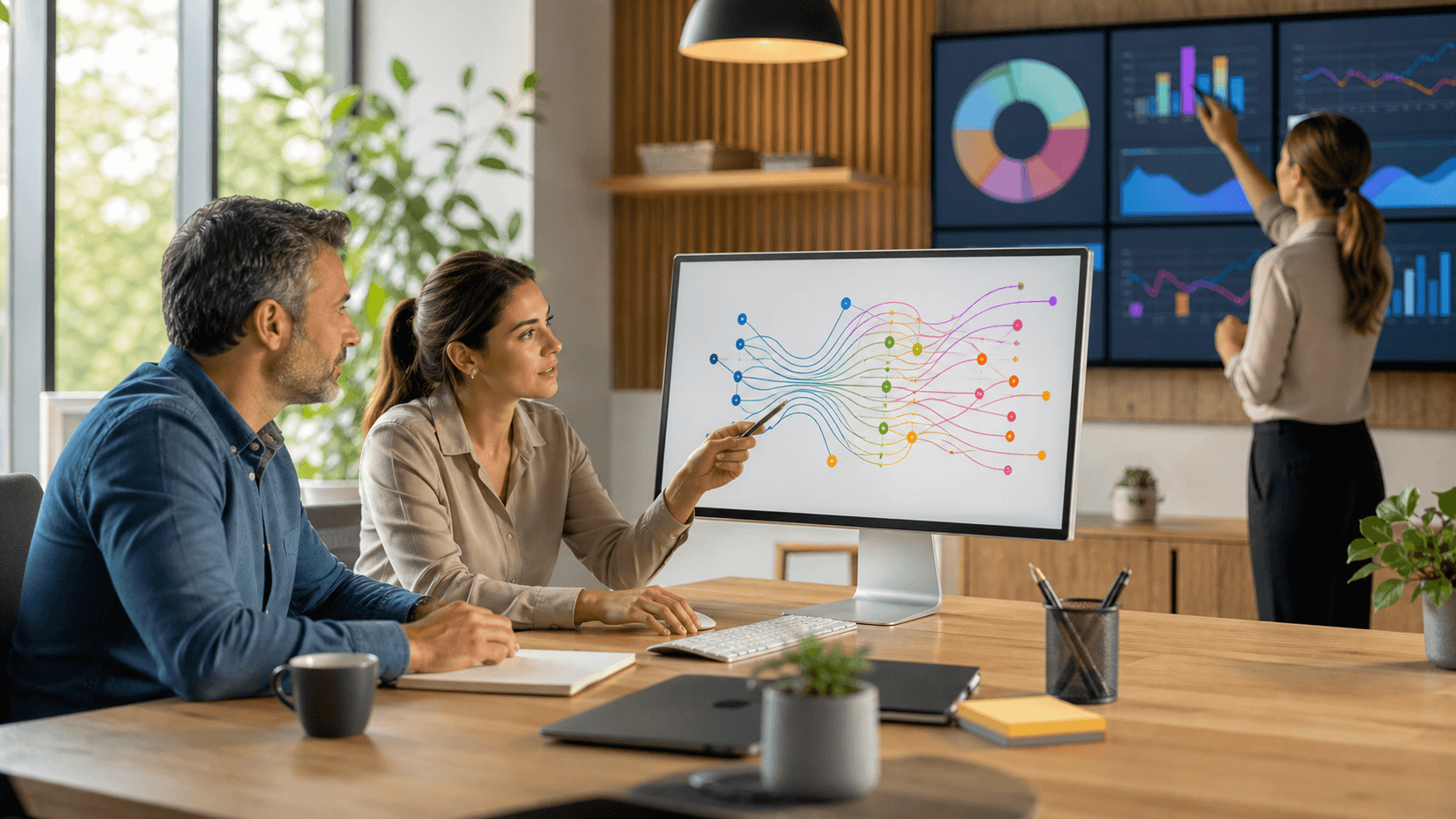Frustrated office worker faces a glowing chatbot screen amid scattered SEO charts and blue digital icons.